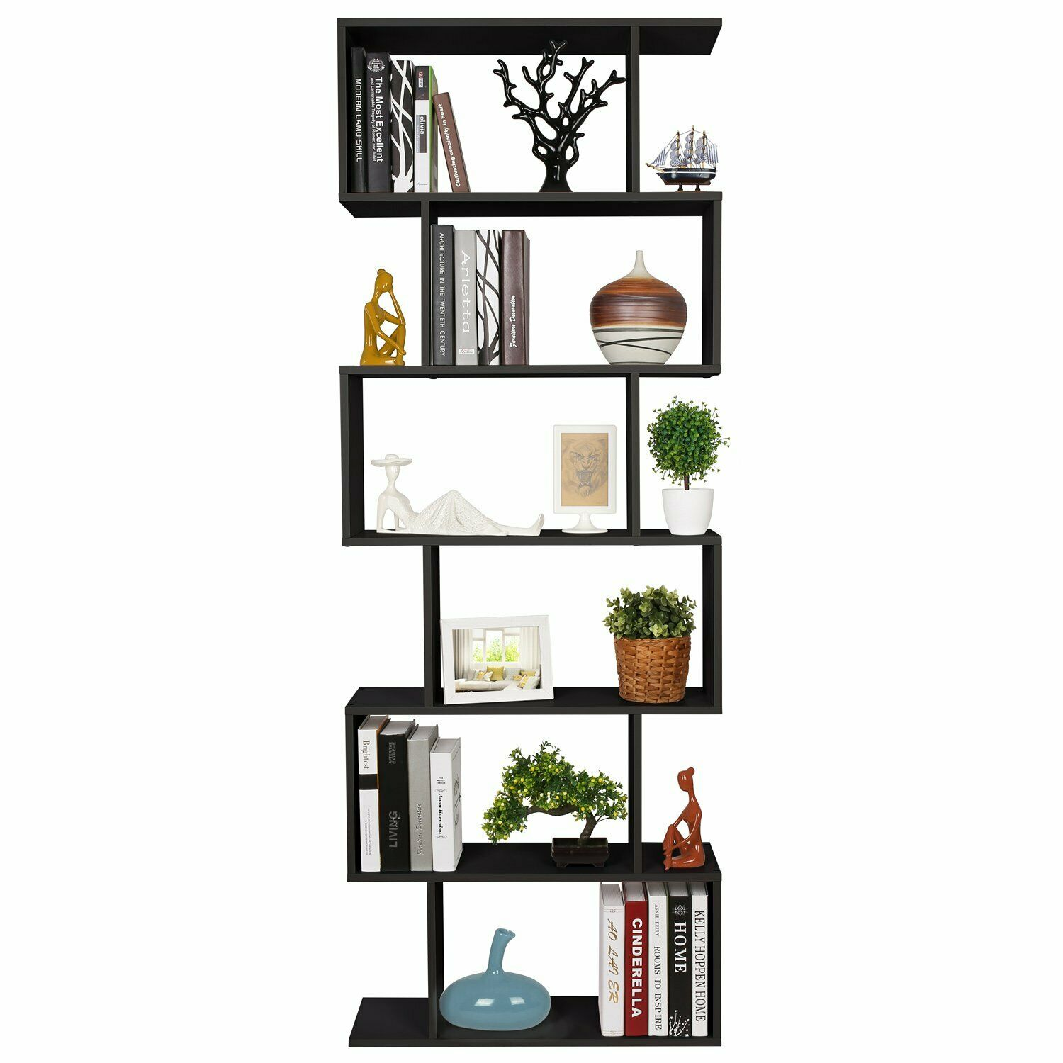 6-Tier Wooden Bookcase, S-Shape Display Shelf and Room Divider, Freestanding Decorative Storage Shelving, 190.5Cm Tall Bookshelf