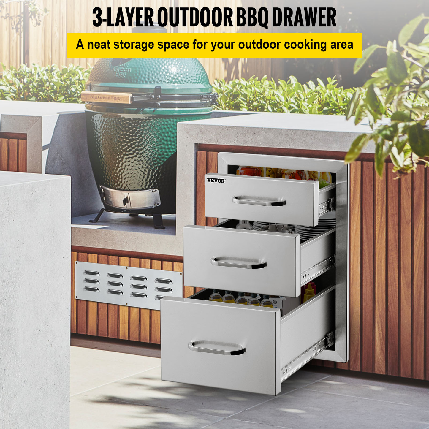 VEVOR Stainless Steel Outdoor Kitchen Drawer with Handle Triple Layer for BBQ Island Grilling Cabinet Storing Cookware Tableware