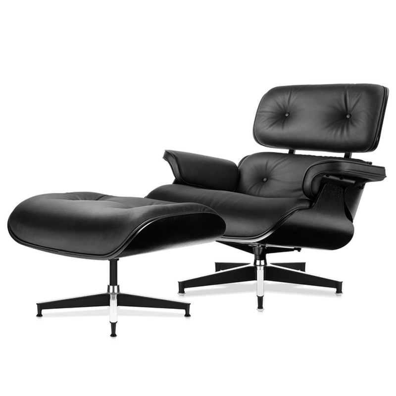 Replica Lounge Chair with Ottoman Black Lather Walnut Wood Genuine Leather Chaise for Living Room