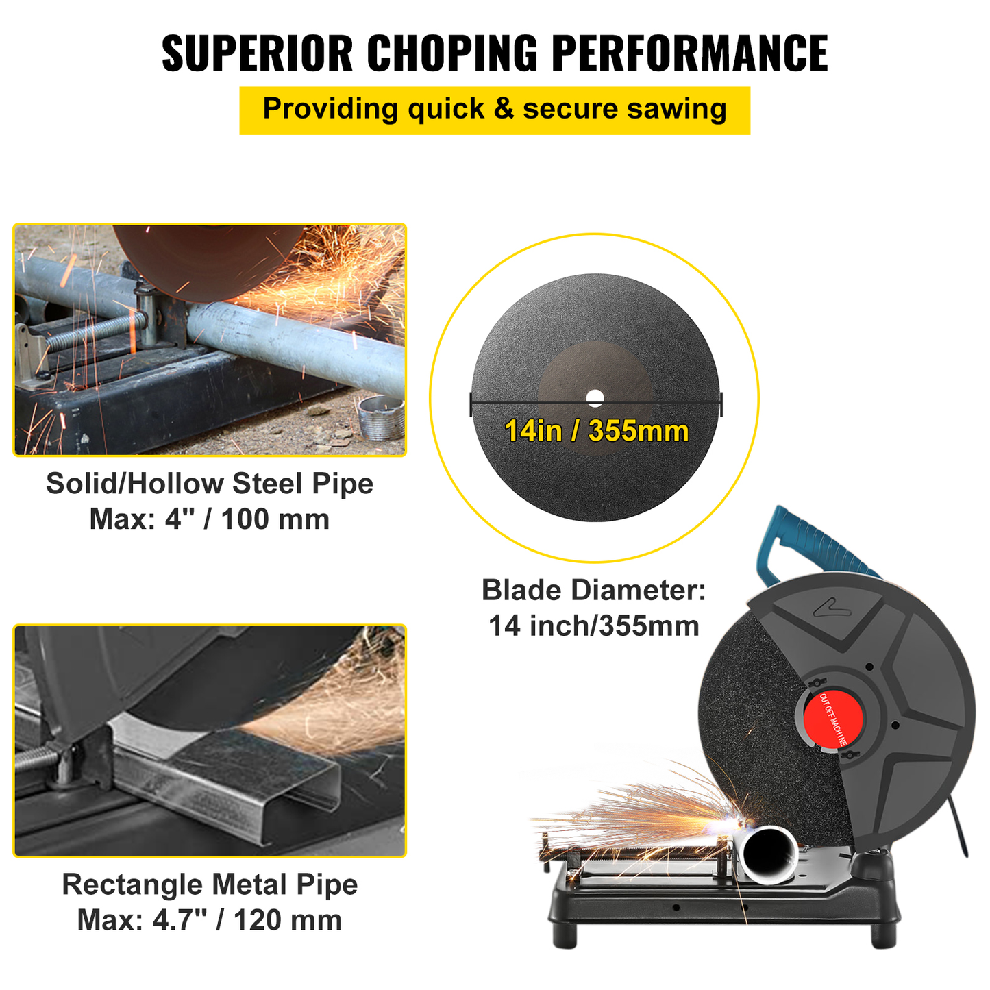 355Mm Metal Chop Saw Base W/ 14In Blade Spark Shield 2200W Electric Adjustable Dry Chainsaw Steel Aluminum Cutting Machine