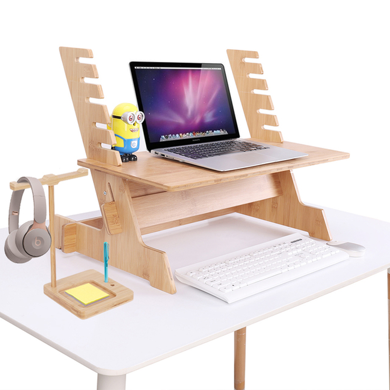 Bamboo Standing Computer Desk Monitor Stand Riser Stand Steady up Adjustable Height Desktop Laptop Workstation Converter