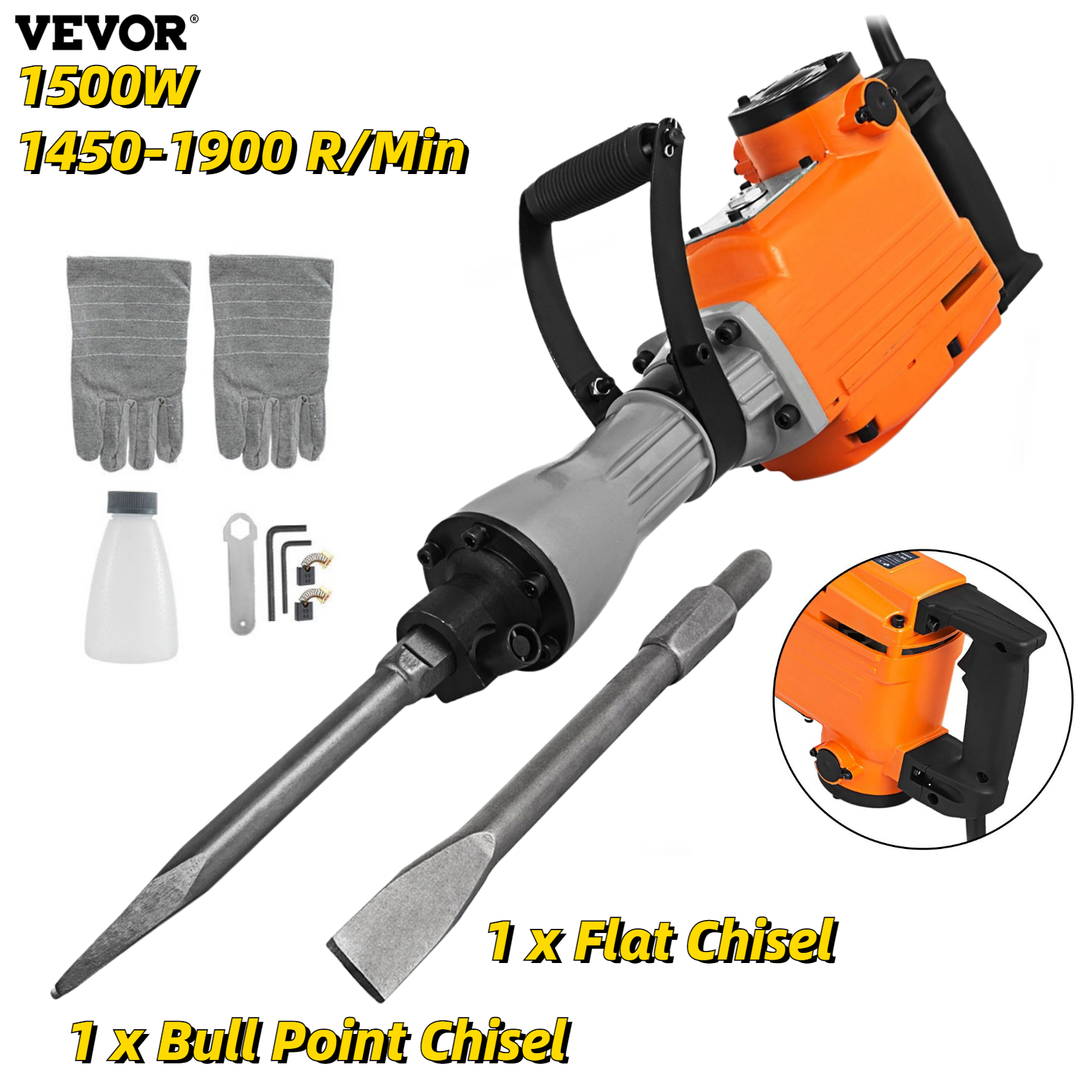 1500W Electric Demolition Jack Hammer Drill with 2 Chisels Heavy-Duty Jackhammer Concrete Breaker Chipping Impact Picks