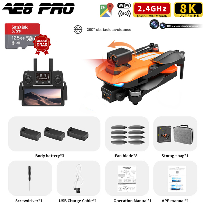 AE8 Pro Max Obstacle Avoidance Drone GPS Positioning Drone Brushless Motor Quadcopter 8K HD Aerial Photography RC Airplane Toy