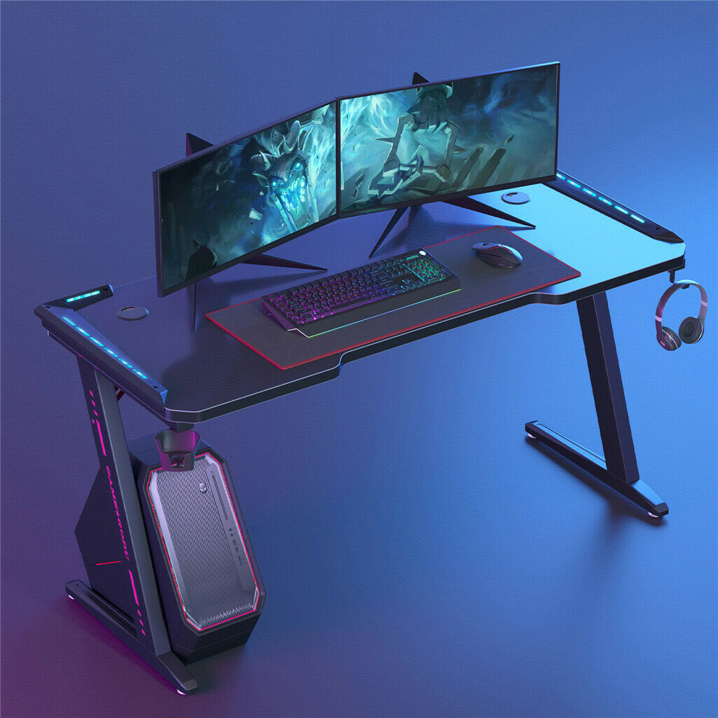 Gaming Desk PC Computer Gamer Desk Ergonomic Workstation with RGB LED Lights Headphone Hook Cup Holder for Home Offices