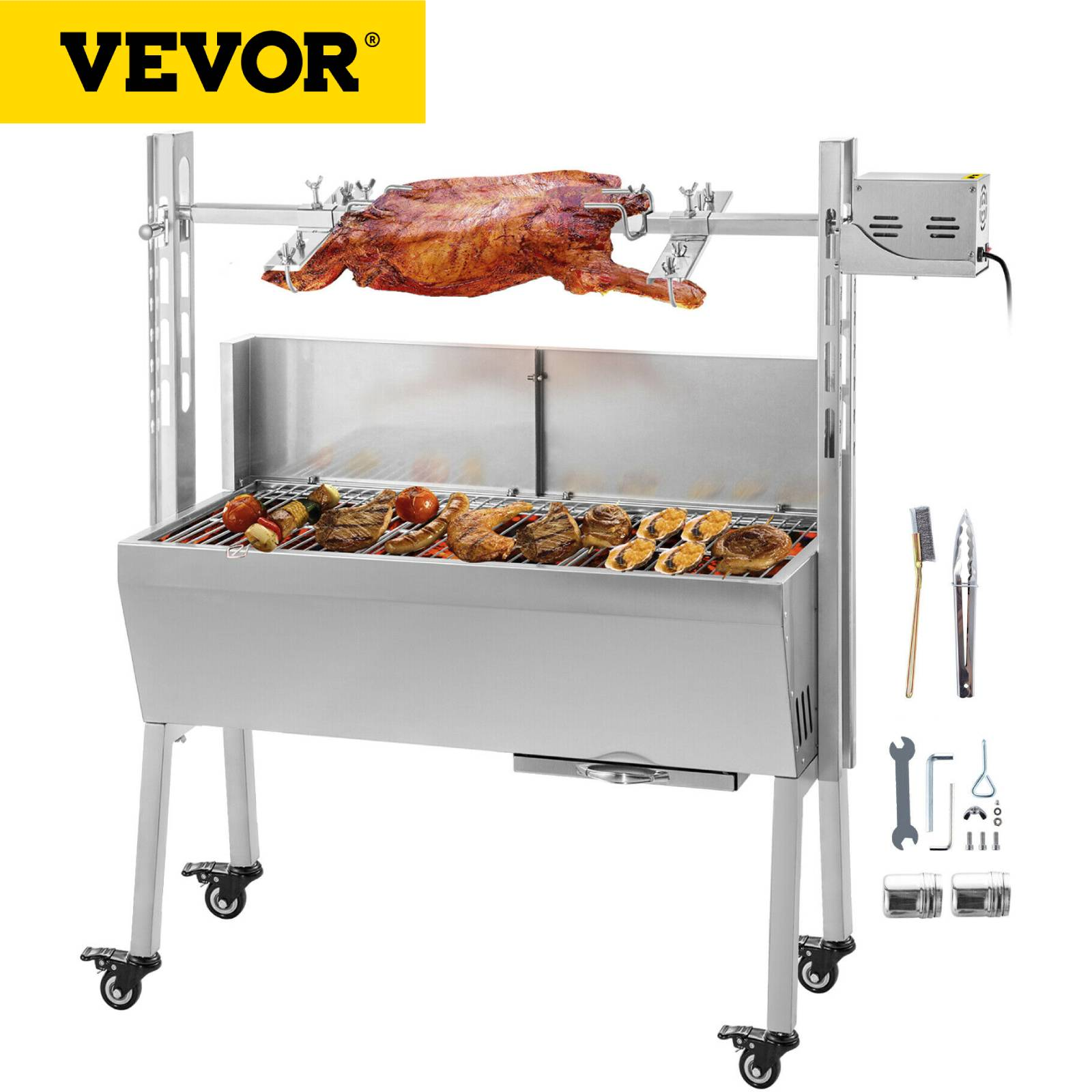 60KG / 132LBS Electric Roaster Grill 2 in 1 BBQ Rotisserie Grill W/ Lockable Wheels for Roasting Sheep, Turkey, Beef, Fish