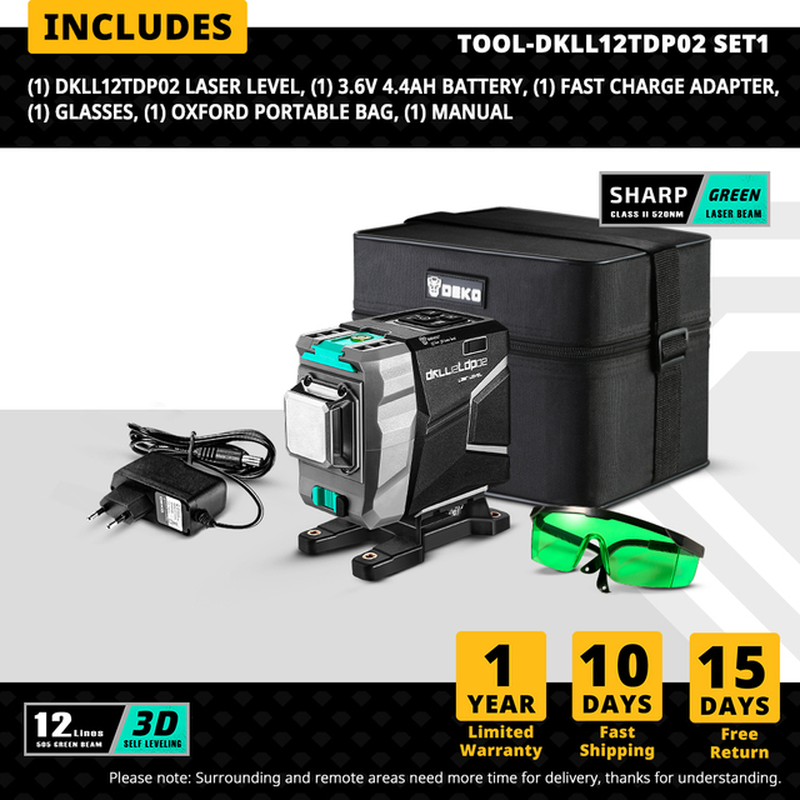 12 Lines 3D Green Laser Level Horizontal&Vertical Cross Lines 520Nm,Auto Self-Leveling, High-Precision (Dkll12Tdp02 Series)