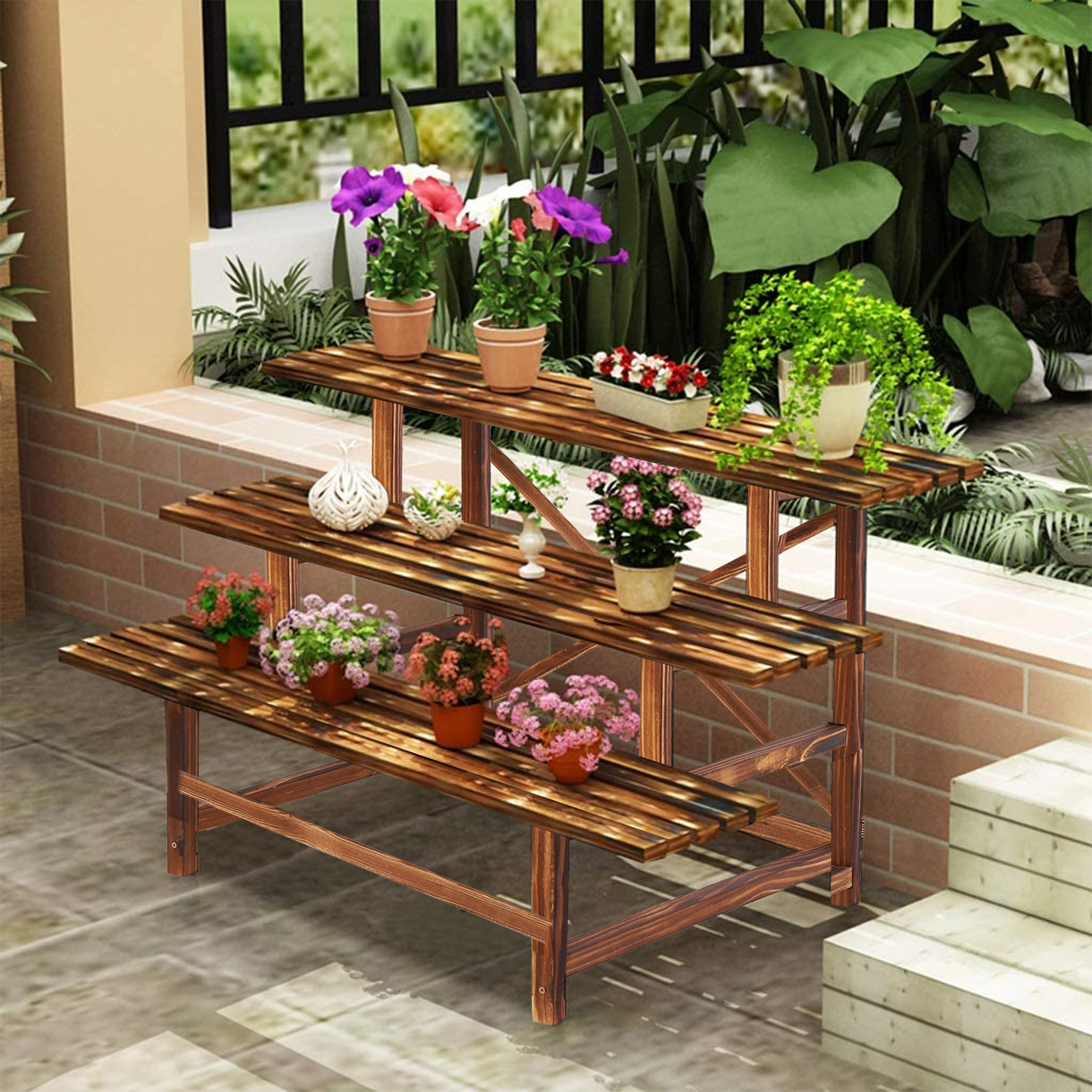 Large 3 Tier Stair Style Wood Plant Stand Patio Rack Outdoor/Indoor Garden Shelf