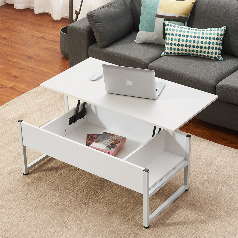 Coffee Table with Storage Shelf Llift-Up Sidetable Desk Metal Leg Laptop Table Study Desk Livingroom Furniture White