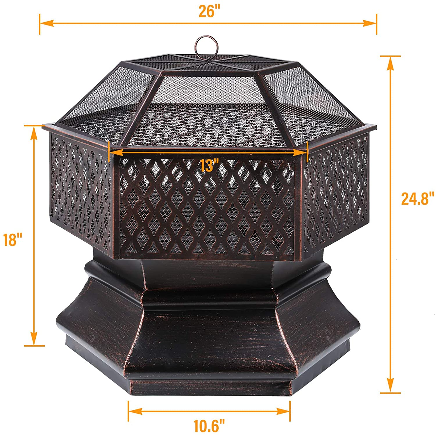 Household Outdoor Hexagonal 26'' Garden Grill Charcoal Brazier,Grill Charcoal Brazier Outdoor Fireproof Steel with Lattice Cover