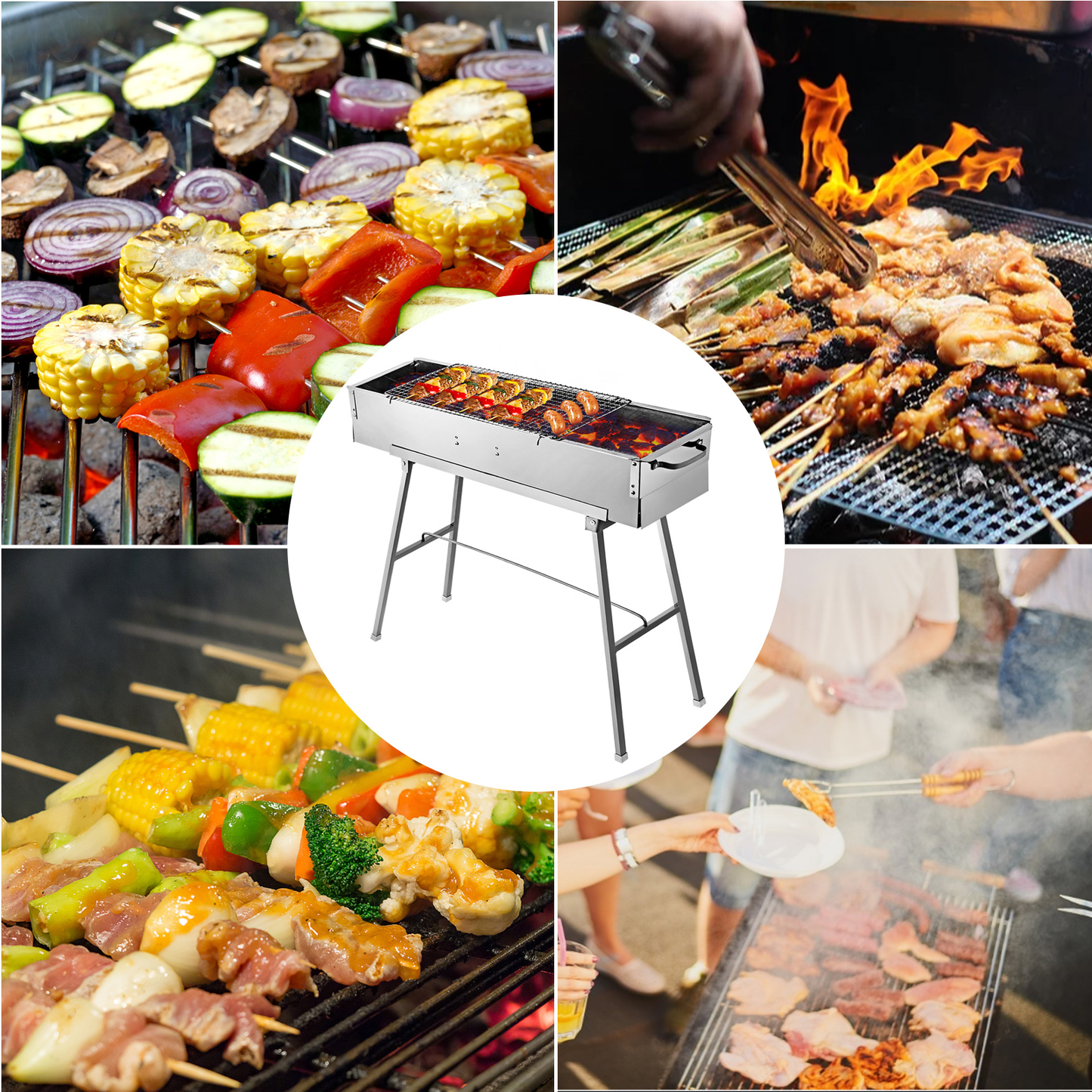 Folding Charcoal BBQ Grill Portable Foldable Stainless Steel W/ Scissor BBQ Tong for Outdoor Camping Picnic Patio Cooking