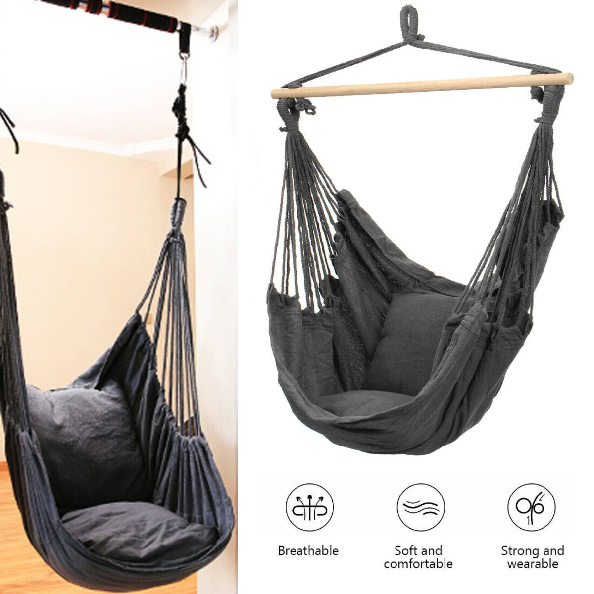 Portable Hanging Hammock Chair Swing Thicken Porch Seat Garden Outdoor Camping Patio Travel with Wooden Stick for 1-2 Person