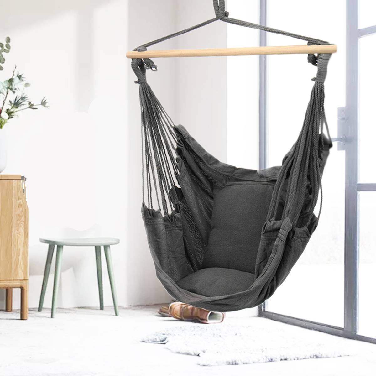 Portable Hanging Hammock Chair Swing Thicken Porch Seat Garden Outdoor Camping Patio Travel with Wooden Stick for 1-2 Person