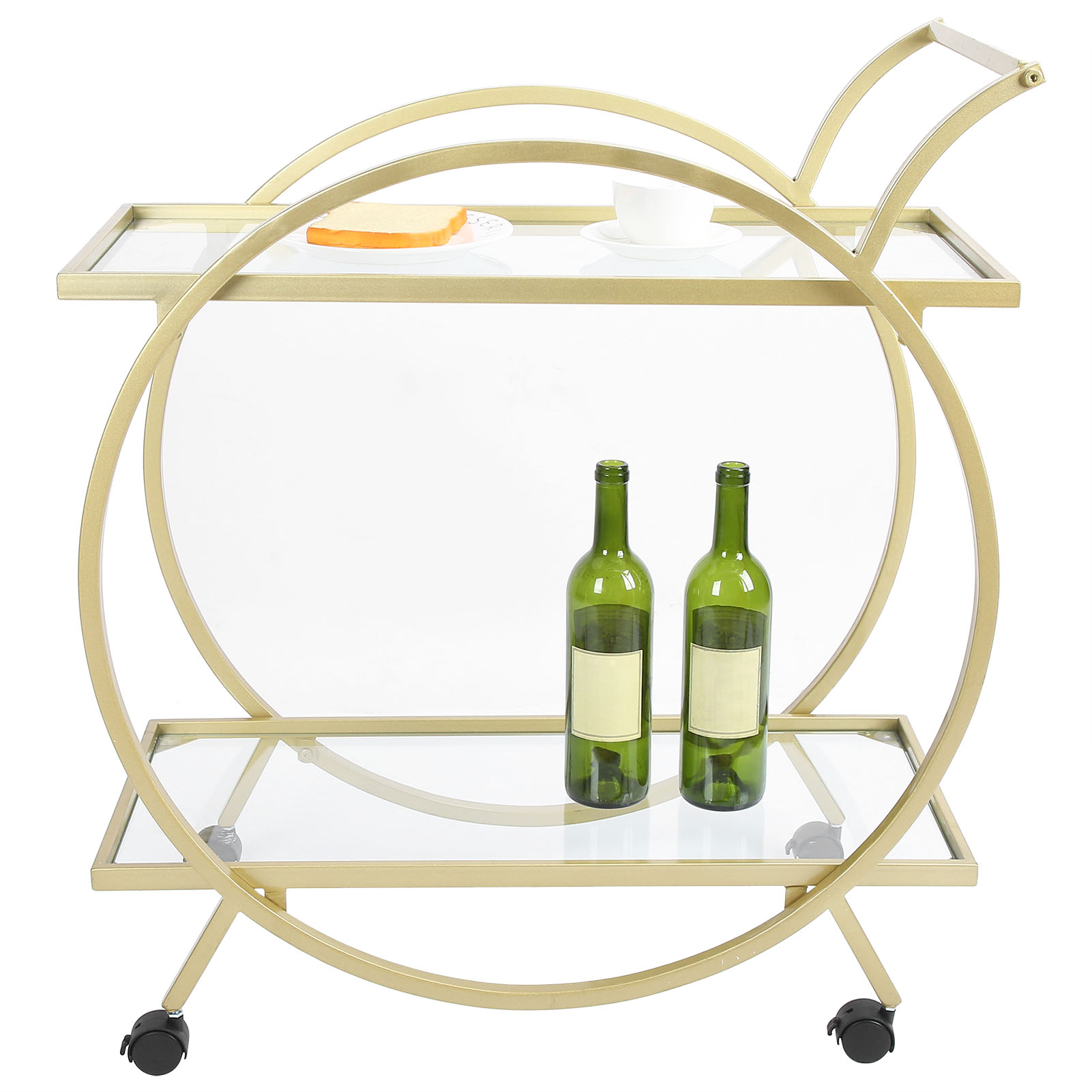 Drinks Trolley, Stylish Metal Serving Cart with 2 Glass Shelves on Wheels, for Cocktails, Spirits, Wine & Beverages