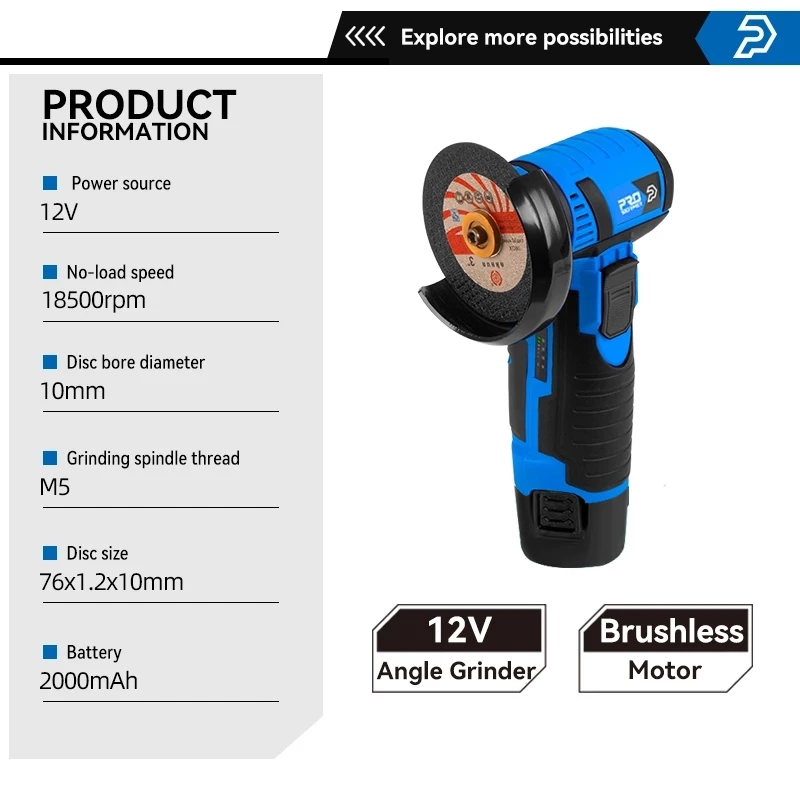 12V Brushless Angle Grinder Mini Cordless Polishing Machine 18500RPM 2000Mah Electric Cutting Grinding Power Tools by