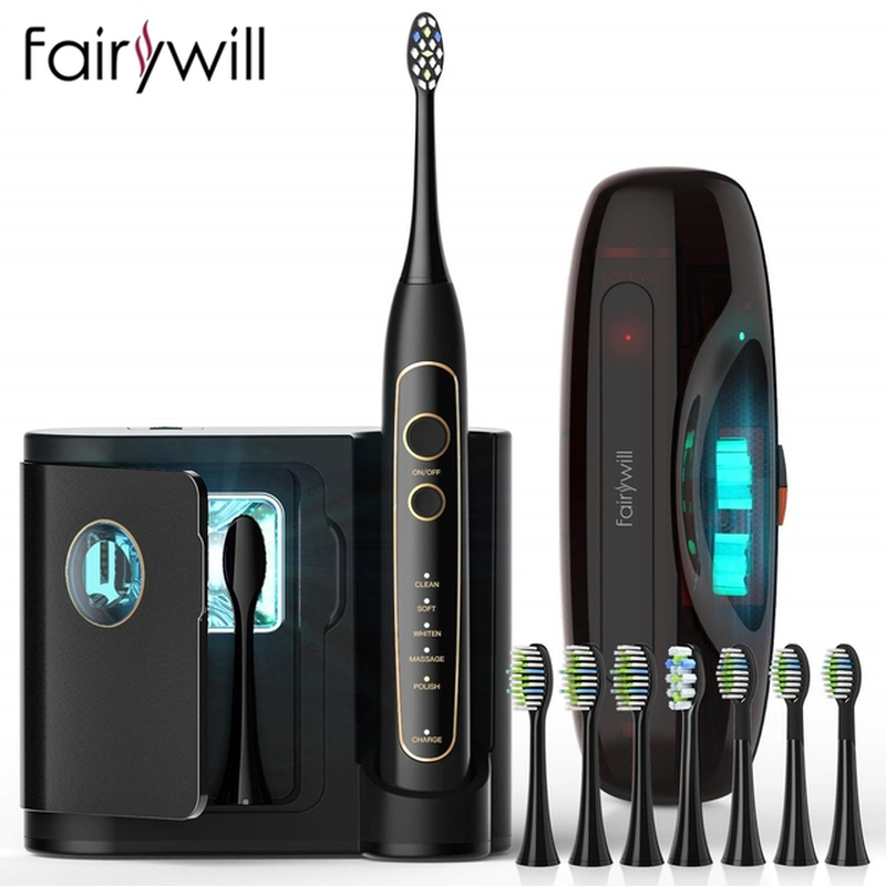 Fairywill Sonic Whitening Electric Toothbrush Rechargeable USB ADA Accepted Waterproof IPX7 Clean 4 Heads and 1 Travel Case