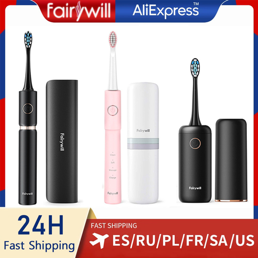 Fairywill Sonic Whitening Electric Toothbrush Rechargeable USB ADA Accepted Waterproof IPX7 Clean 4 Heads and 1 Travel Case