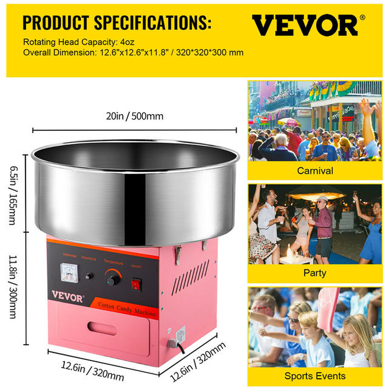 Electric Cotton Candy Machine Commercial Sugar Candy Floss Maker Temperature Controls for Party Festival Carnival Home DIY