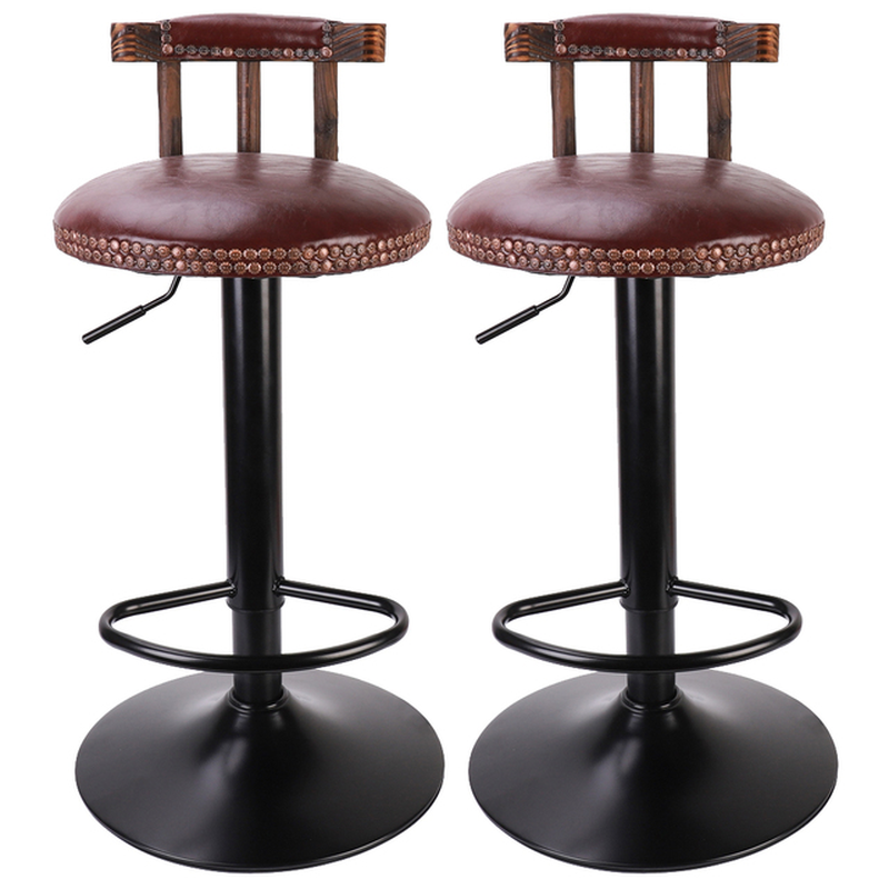 Set of 2 Retro Adjustable round Leather Seat Bar Stool High Leg Elegant Swivel Backed Barstool Hydraulic Chair