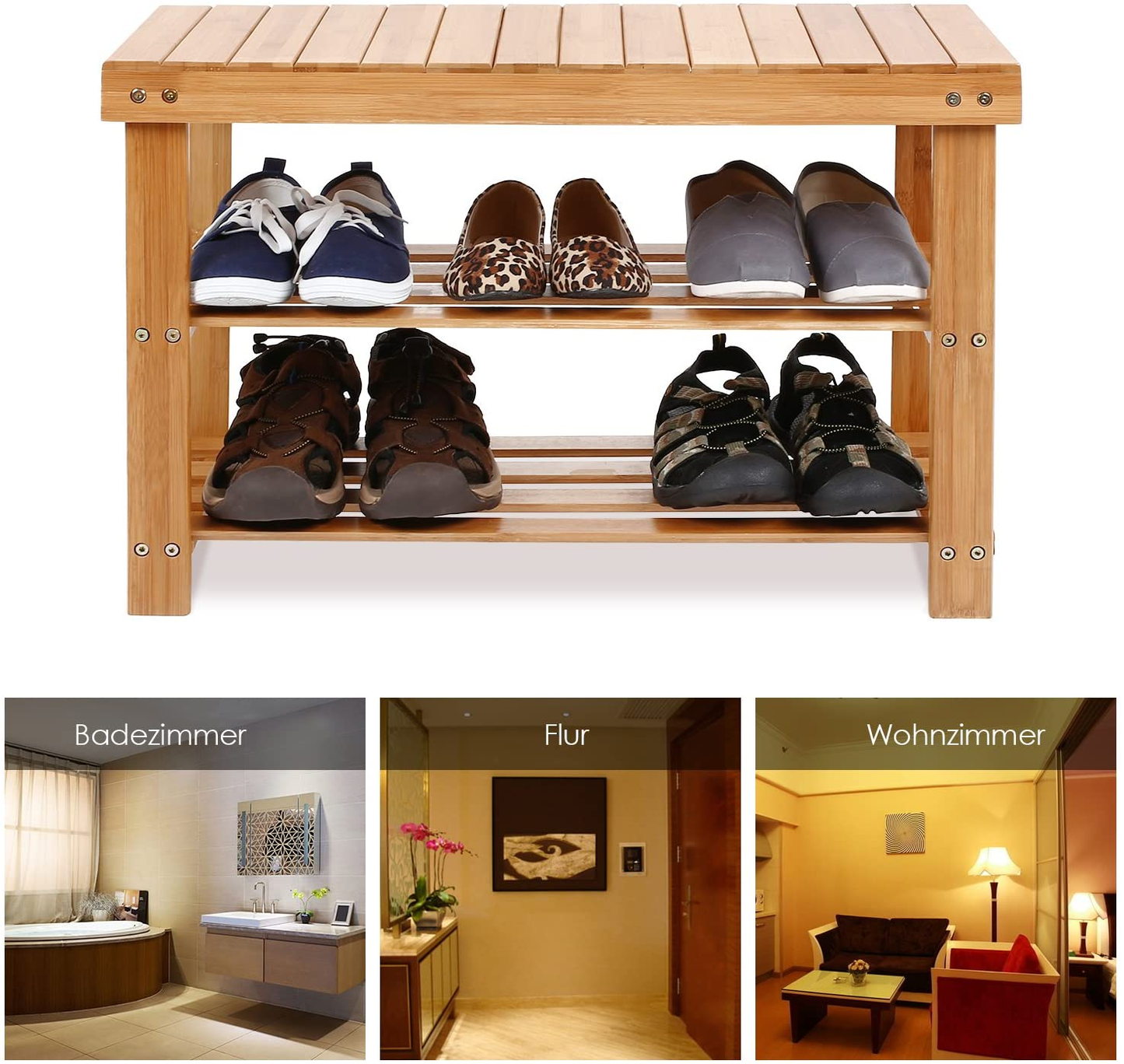 Shoe Rack Bench 3 Tier Living Bamboo, Shoe Organizer or Entryway Bench, Perfect for Shoe Cubby, Entry Bench, Bathroom Bench