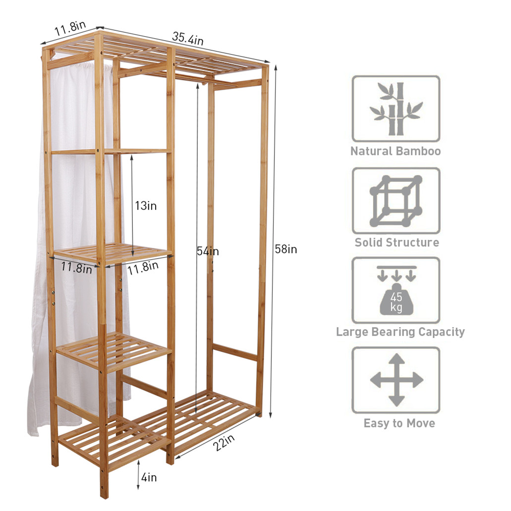 Bamboo Wood Clothing Garment Rack with Shelves Clothes Hanging Rack Stand for Child Kids Adults Cloth Shoe Coat Storage Organize