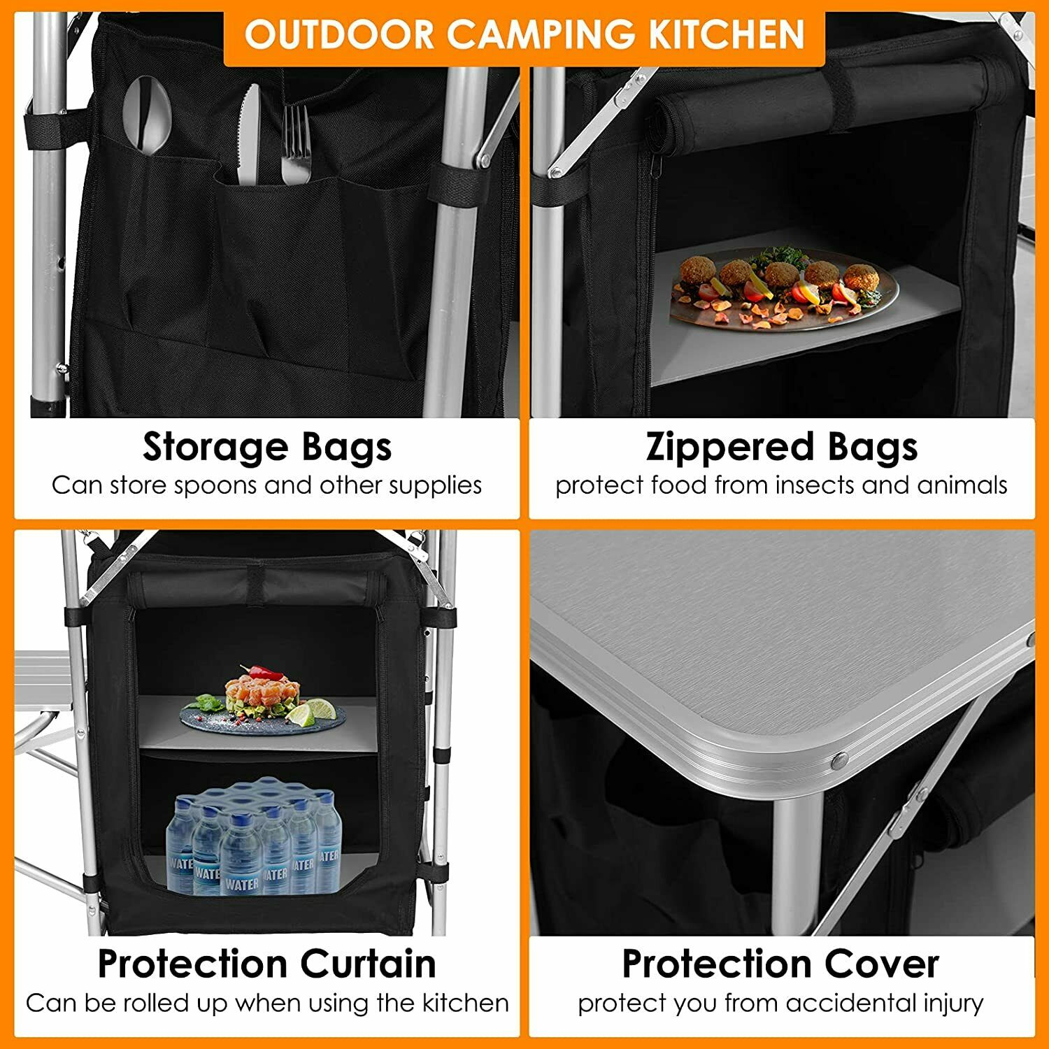 Kitchen Table/Cabinet Camping Large Sturdy Portable Folding Cooking Storage Rack Zippered Bag Outdoors Windproof Black