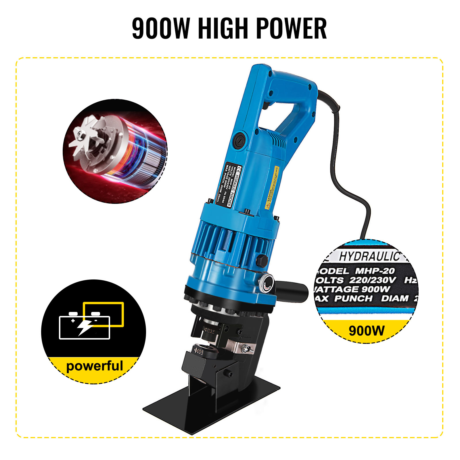 MHP-20 900W Electric Handy Hydraulic Hole Puncher 6Mm Knockout Punch Tools 5 Dies Set on Steel Plate Aluminum Iron Plate