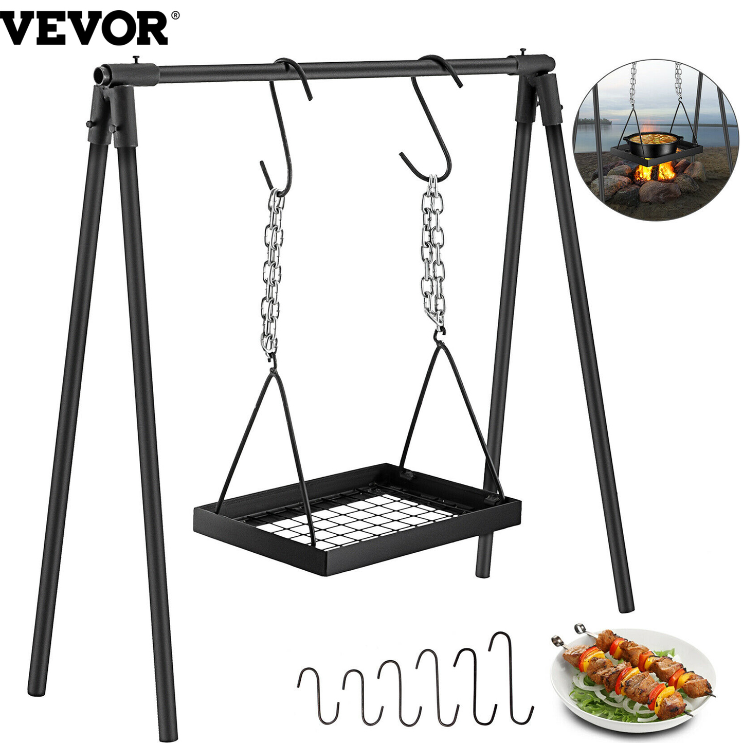 Swing Grill Campfire Cooking Stand Multi-Use Carbon Steel Equipment Easy to Install Height Adjustable Camping Outdoors