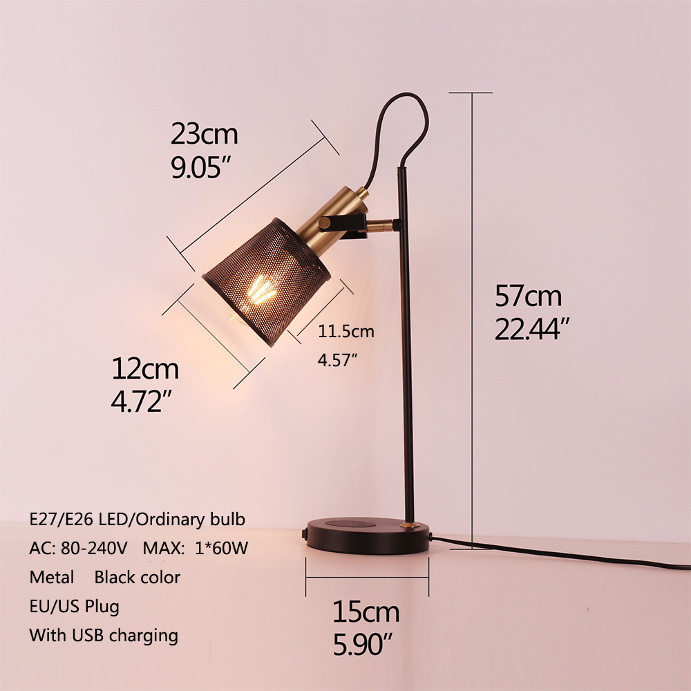 Modern Vintage USB Charging Desk Lamp Metal Mesh Cover E27/E26 Adjustable Table Light Living Room Bedroom Work Study Office