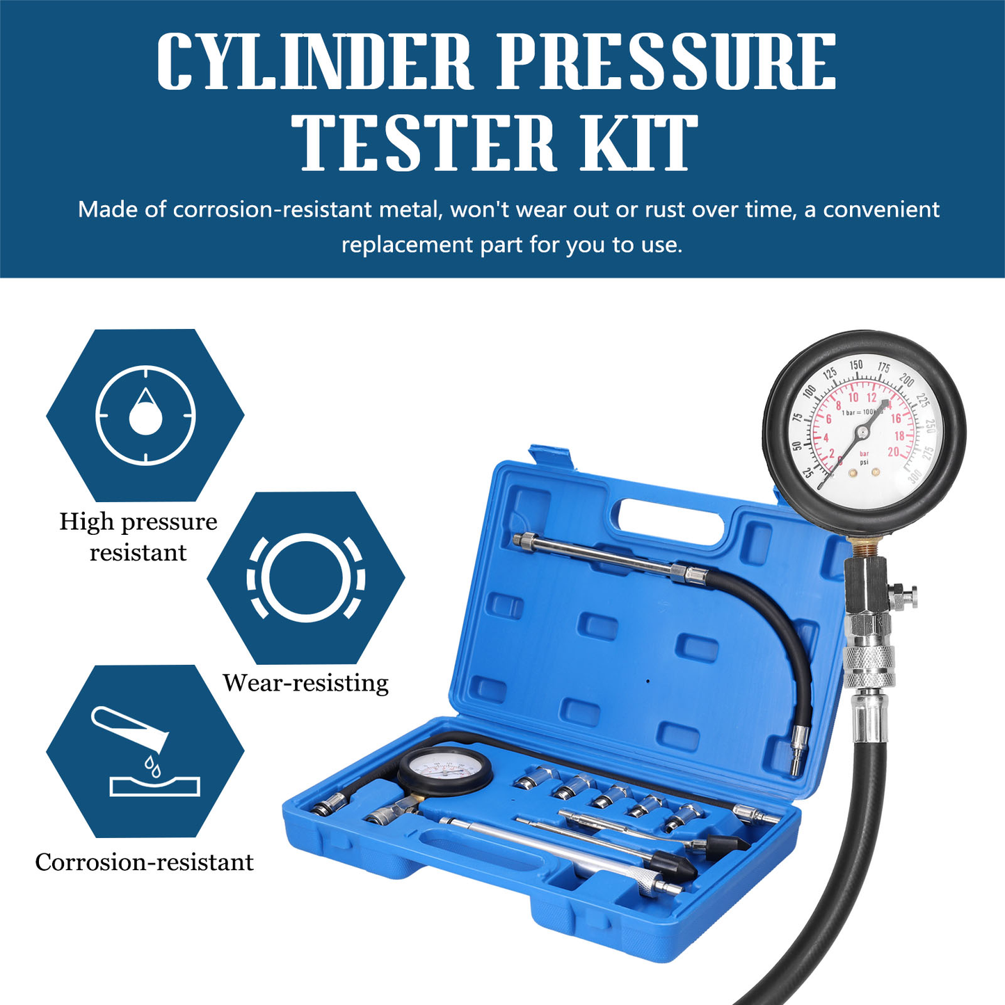 0–20Bar Professional Car Engine Cylinder Compression Tester Kit Automotive Gas Cylinder Pressure Test Tool with Air Gauge