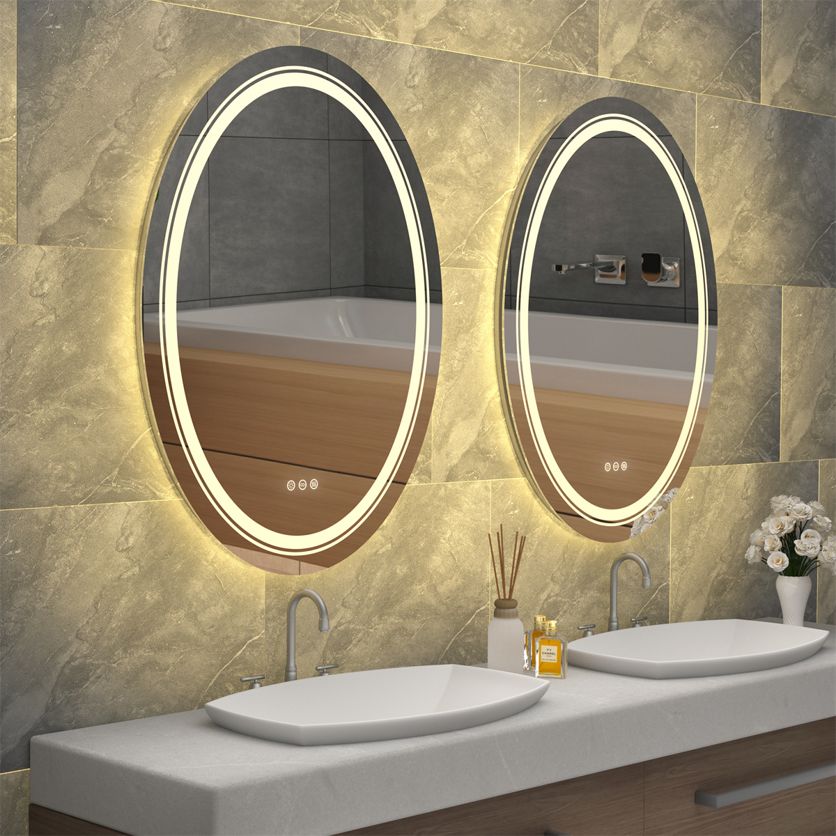 LED Illuminated Mirror Oval Bathroom Makeup Mirror with Dimmable