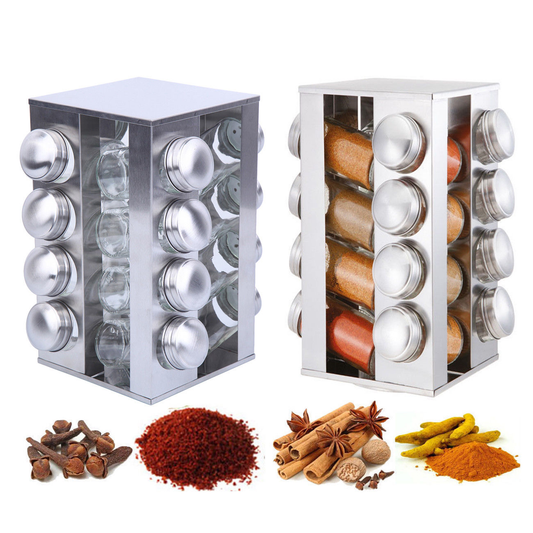 Yonntech 16Pcs Rotating Jars Spice Rack Stainless Steel Seasoning Stand Holder Condiment Salt Pepper Carousel Spice Jars Kitchen