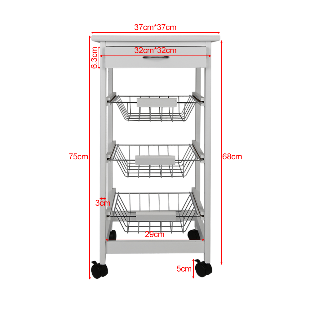 Kitchen Trolley Cart Three-Layer Dining Shelf Rack with Universal Wheel Basket Storage Drawers