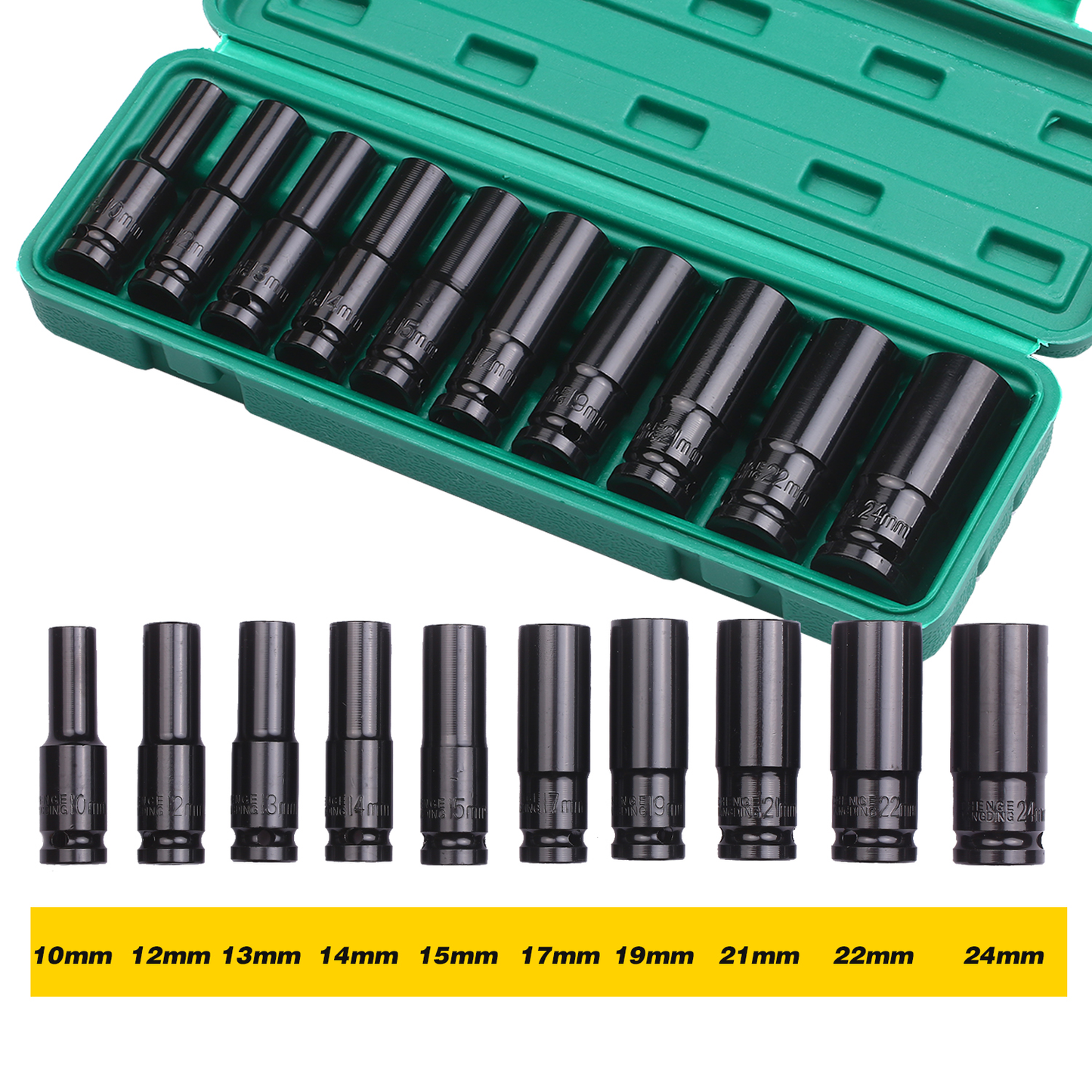 1/2 Inch Drive Hex Impact Socket Set 10Pcs Deep Socket Metric Sizes 10-24Mm Carbon Steel with Hard Storage Box