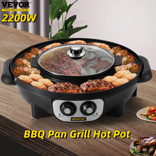 2 in 1 Electric Hot Pot BBQ Grill 2200W Multifunction Portable Home Non-Stick Split Pot Smokeless Skillet Barbecue Pan