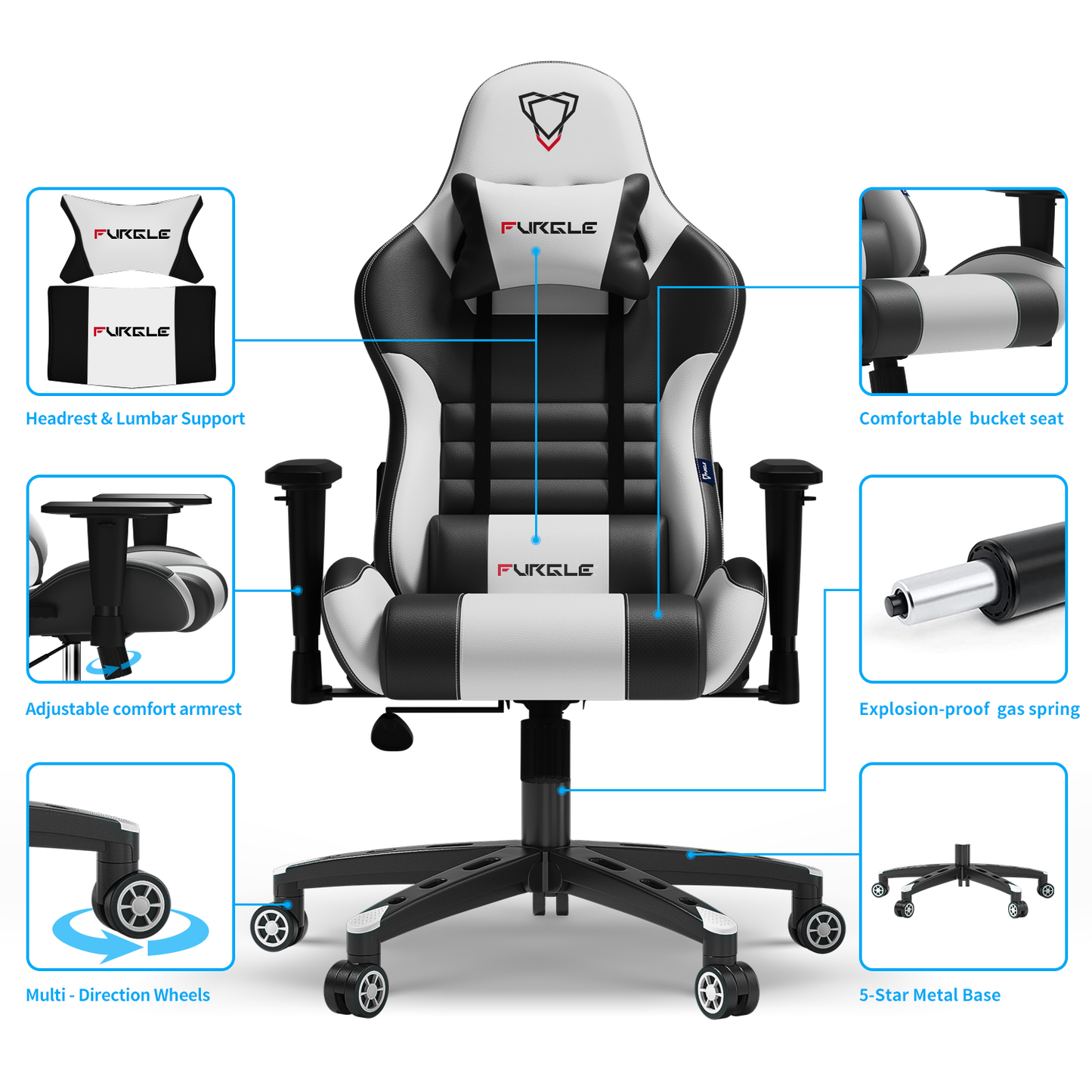 Carry Series Gaming Chair 360° Swivel Ergonomic Racing-Style 90-160 Degree Decline Office Chair Black White Colors