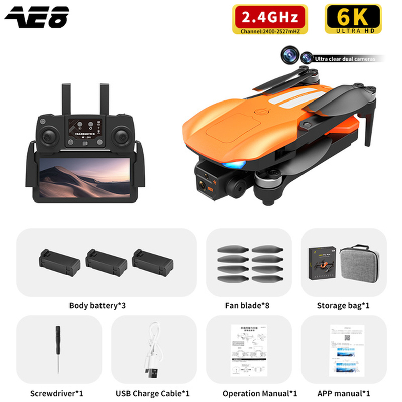 AE8 Pro Max Obstacle Avoidance Drone GPS Positioning Drone Brushless Motor Quadcopter 8K HD Aerial Photography RC Airplane Toy