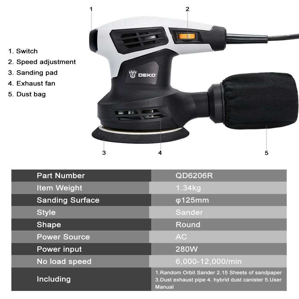 280W/320W/350W Random Orbit Sander with 8 Hole 125Mm Sandpaper and Variable Speed Sander Power Tools (DKSD28Q1)