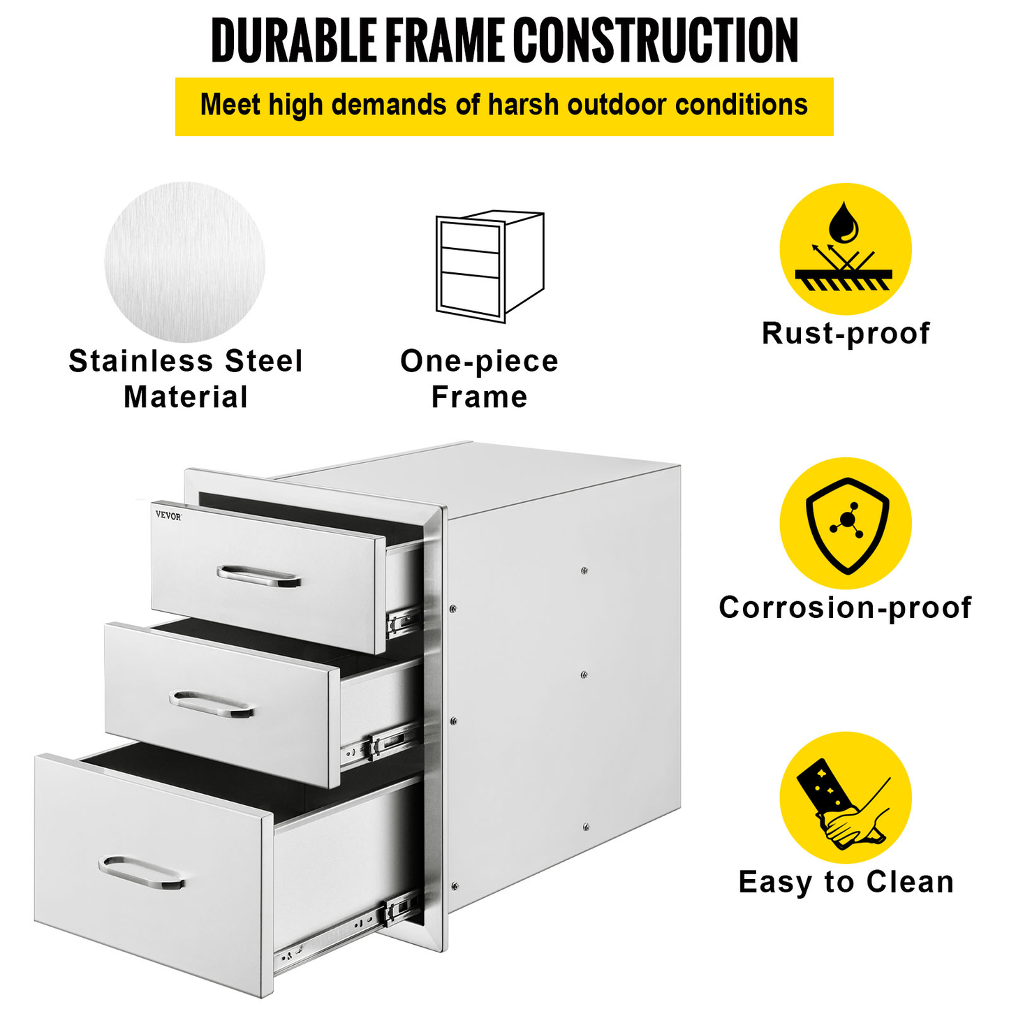 VEVOR Stainless Steel Outdoor Kitchen Drawer with Handle Triple Layer for BBQ Island Grilling Cabinet Storing Cookware Tableware