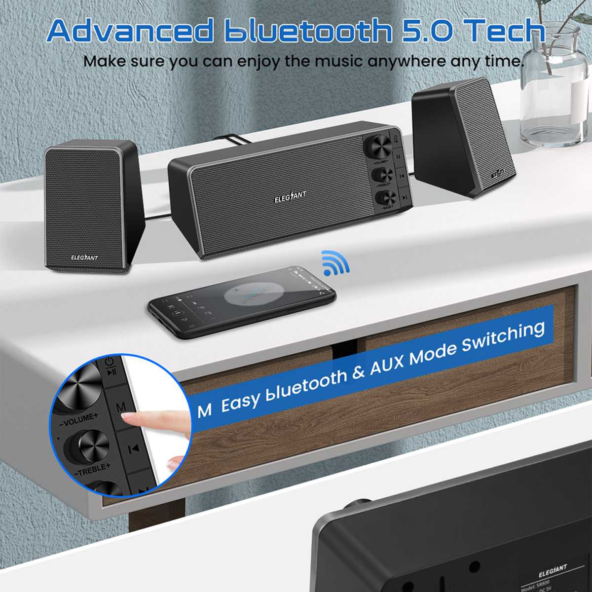 SR800 Desktop Computer Speaker Home Theater 2.1 Channel Sound System Soundbar MP3 Music Player BT5.0 AUX USB TF Input