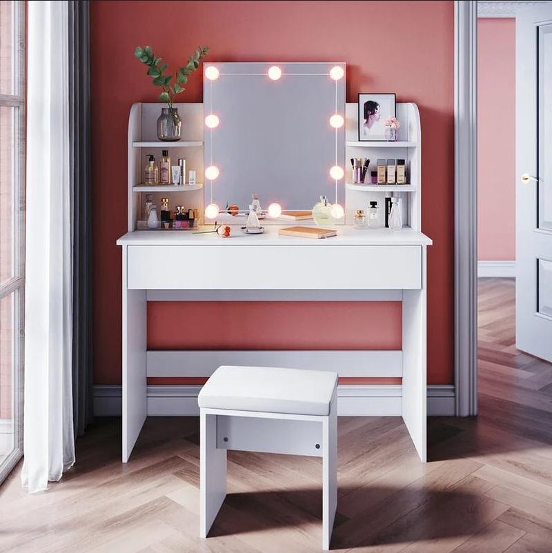 Dressing Table Organiser Set with 2 Drawers Makeup Dressing Desk Mirror with RGB LED Lights for Bedroom