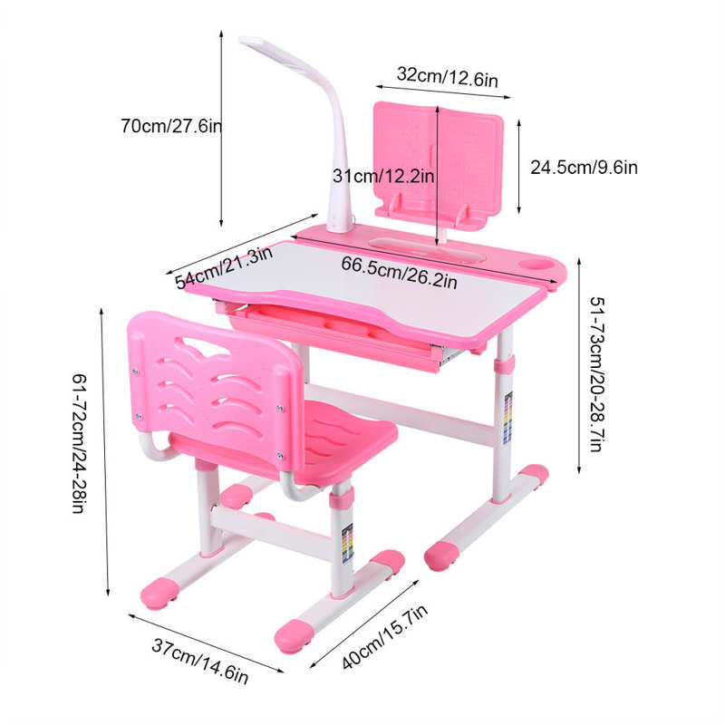 Pink Kids Study Desk Chair Set,Height Adjustable Study Table with Eye Protection Lamp Reading Stand for Boys Girls