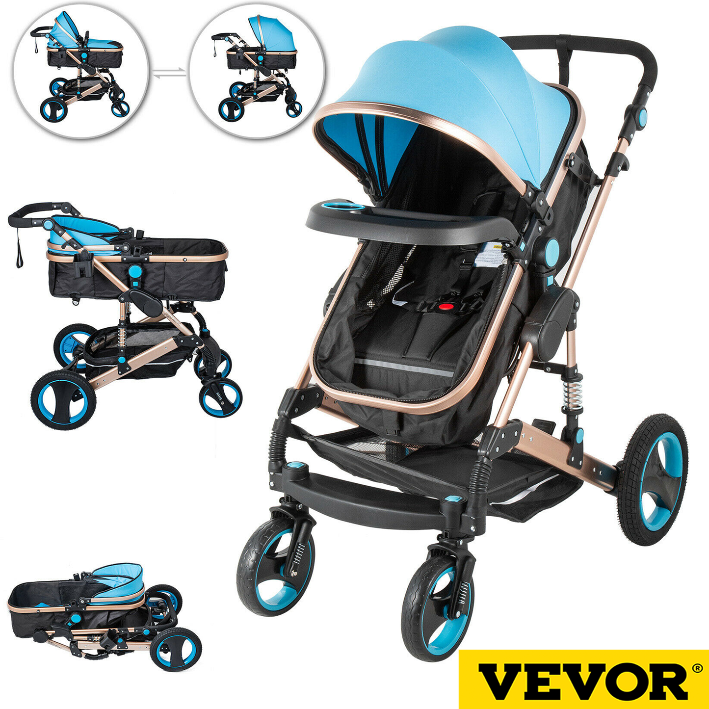 VEVOR 2 in 1 Portable Baby Stroller Blue Anti Shock Springs Foldable Luxury Baby Stroller Adjustable High View Pram Stollers