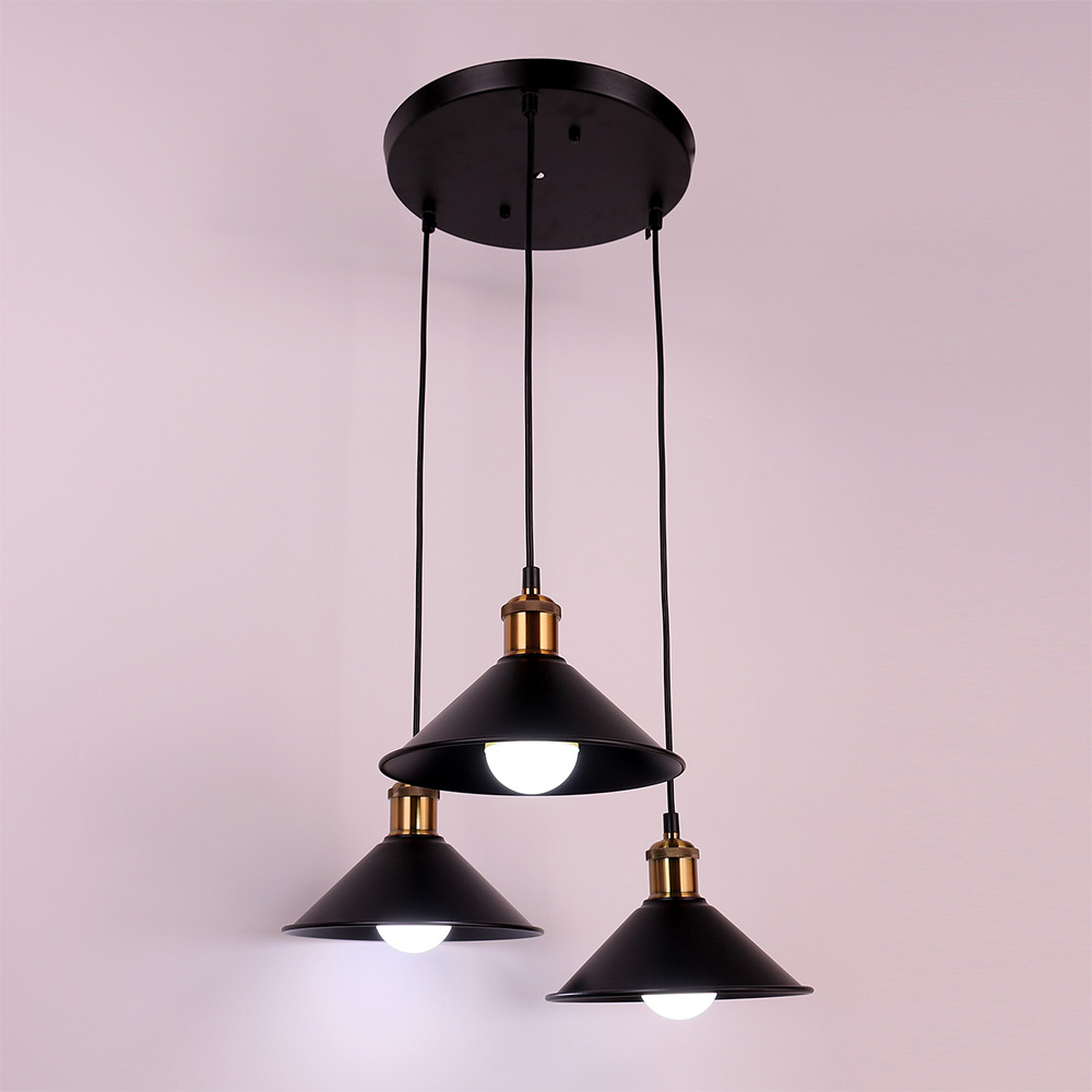 Black E27 Modern Industrial 3 Lights Chandelier Iron Painted Strip/Disc Ceiling Plate Living Room Kitchen Restaurant Hotel Lamp