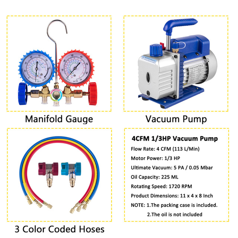 Refrigerant Vacuum Pump Kits 1.8-4.8CFM HVAC Refrigeration 1/3 1/4 HP with Manifold Gauge for Household Air Conditioning