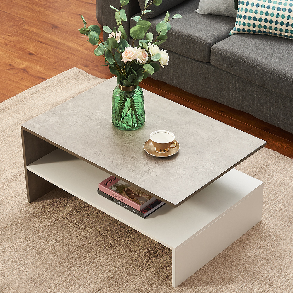 Coffee Table 2 Tiyers Book Sundries Storage Shelf with 2 Pillars Living Room Table Sofa Table Concrete White 90X60Cm