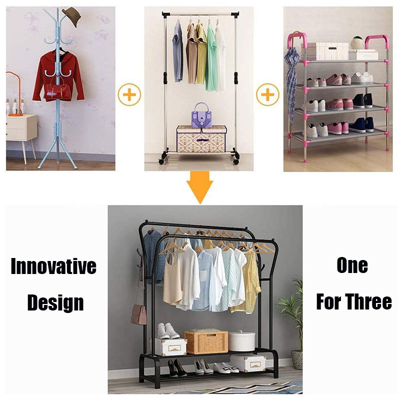 Coat Rack Garment Rack Free-Standing Clothes Hanger with Top Rod Clothes Shelves Storage Wardrobe Hanger Floor Cloth Drying Rack