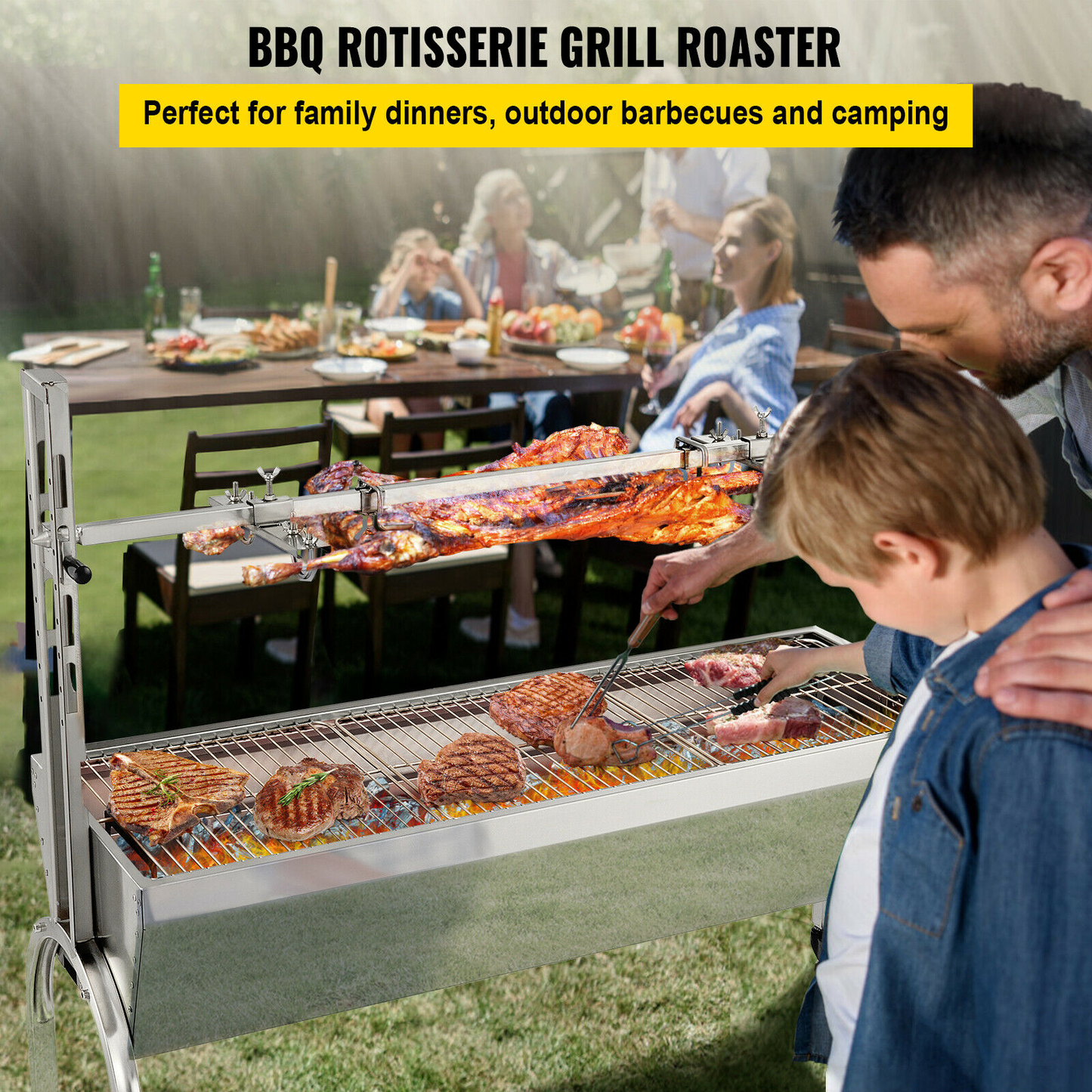 60KG / 132LBS Electric Roaster Grill 2 in 1 BBQ Rotisserie Grill W/ Lockable Wheels for Roasting Sheep, Turkey, Beef, Fish