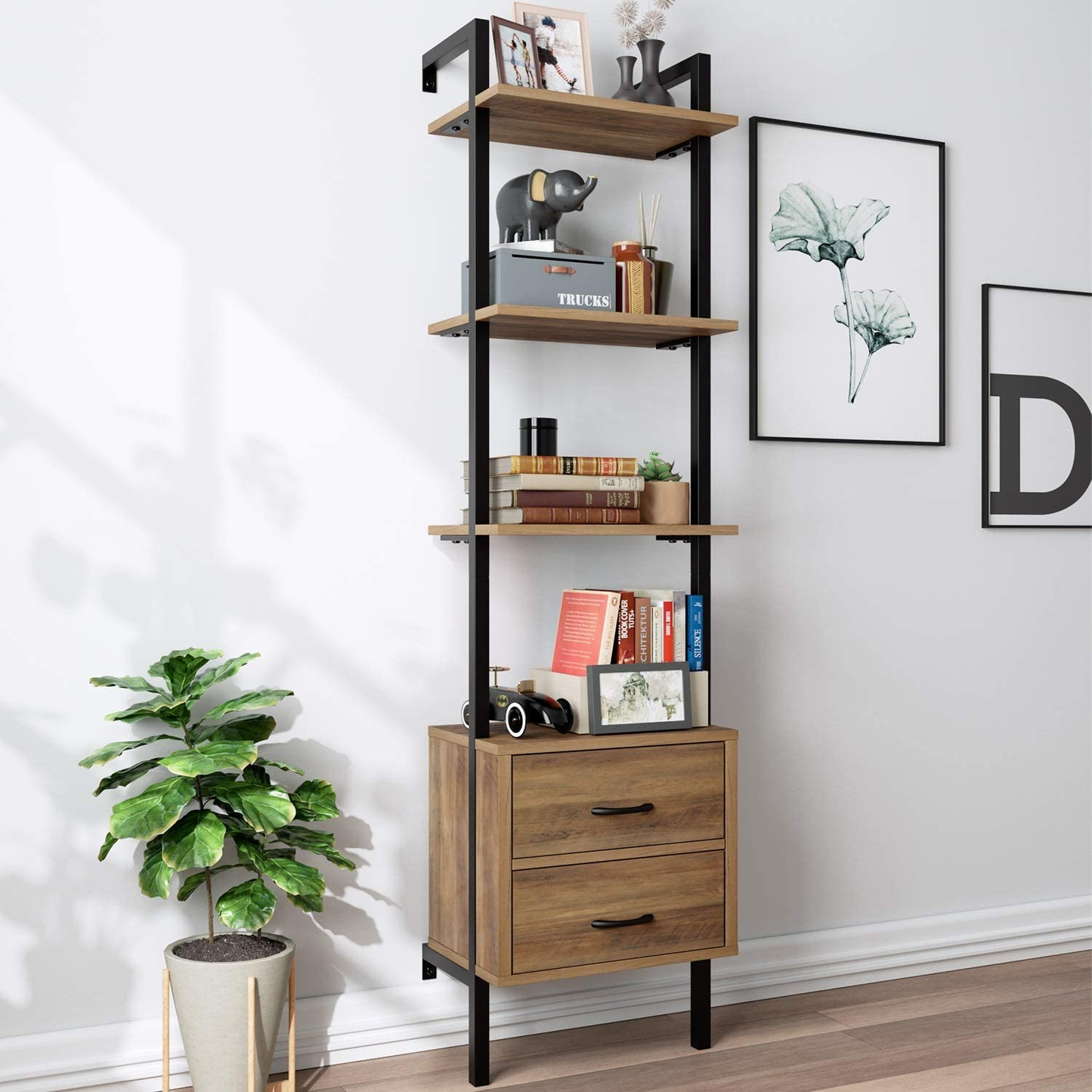 Freestanding Bookcase Ladder Shelf with 2 Drawers Wall Shelf with 4 Tiers Metal Wood Vintage Industrial 184X48X30Cm ​