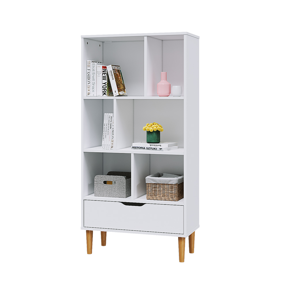 Living Room Bookcase Storage Cabinet Shelves Unit 6 Cube Bookshelf Freestanding with 1 Drawer Wooden Legs Display