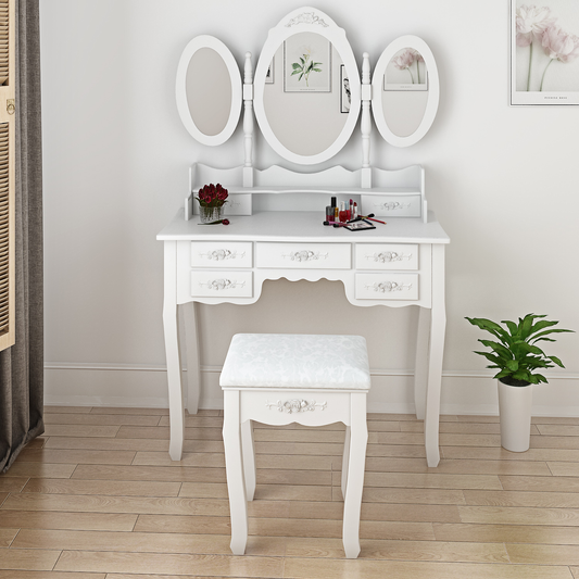 7 Drawers Retro Carved Dressing Table with Stool,Tri-Fold,Adjustable Makeup Mirrors,Europe Style Bedroom Furniture,Fast Shipping